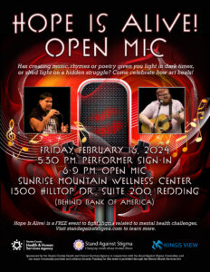 Image of flyer with details for the February 16, 2024, Hope Is Alive! Open Mic. Visuals include a microphone with a heart in the background and photos of two regular performers.
